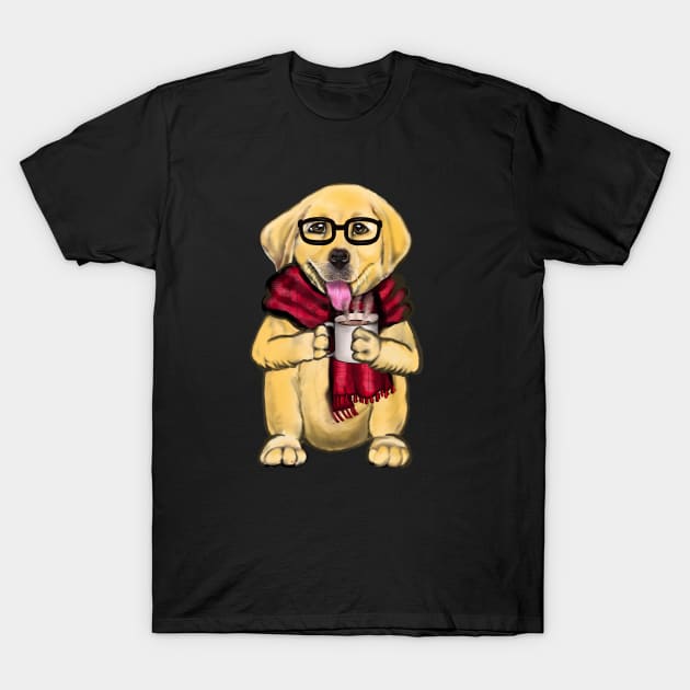 Dog wearing glasses and red scarf having a hot coffee tea drink cute Golden Labrador retriever puppy dog T-Shirt by Artonmytee